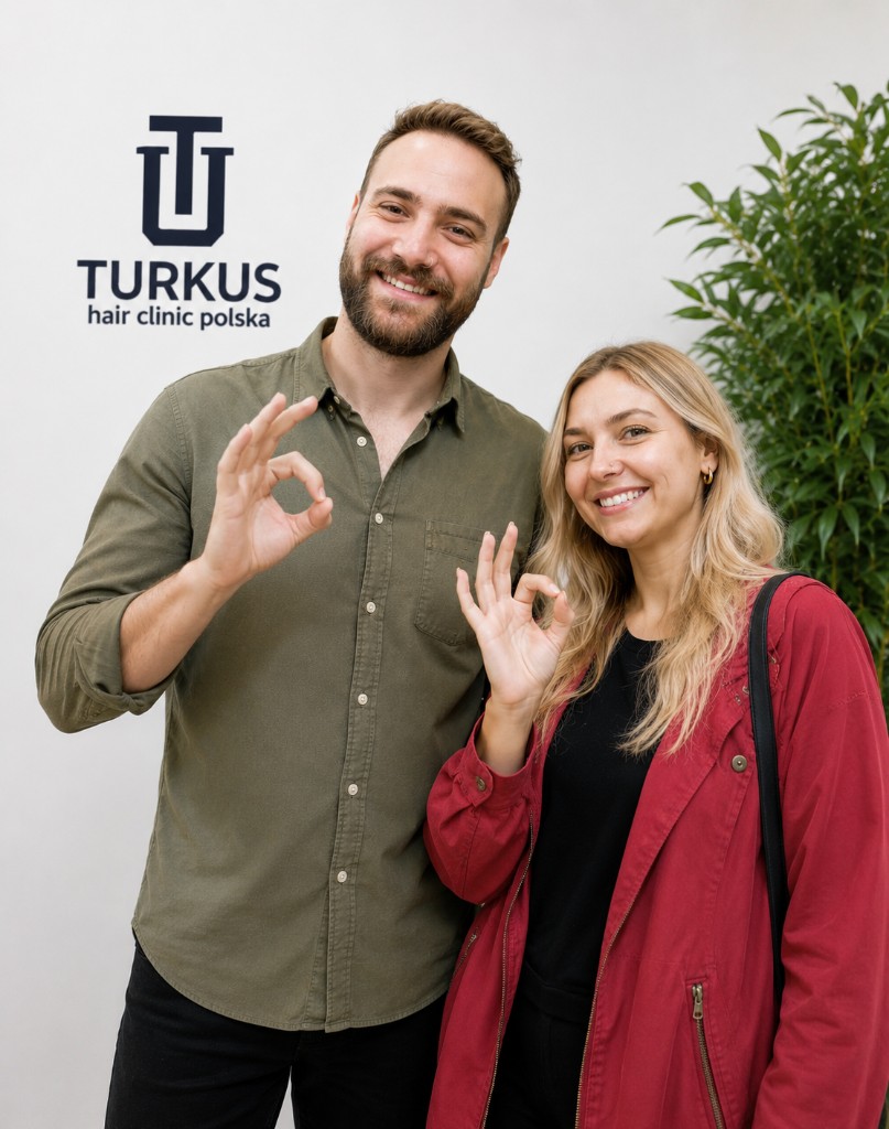 Zespół Turkus Hair Transplant Clinic: uśmiechnięty mężczyzna i kobieta w klinice, gest OK.